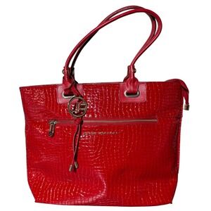 Jorge Bischoff Red Croc Embossed Patent Leather Tote Bag Gold Hardware
